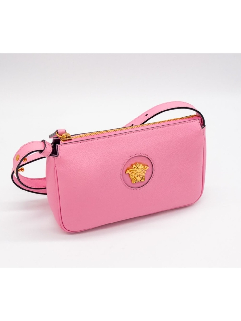Versace Vitello Pink Leather Shoulder Bag with Gold Medusa Accent Dustbag New - Picture 8 of 10